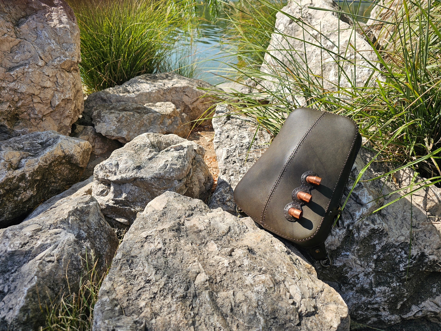 Handmade Leather Sling Backpack - Steampunk - Dark Green