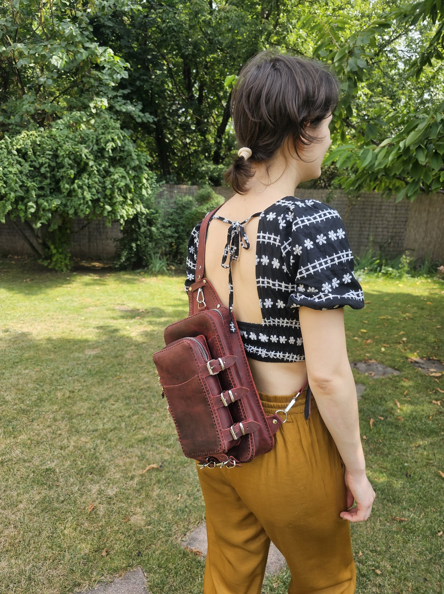 Handmade Leather Sling Backpack - Two-part - Burgundy Red