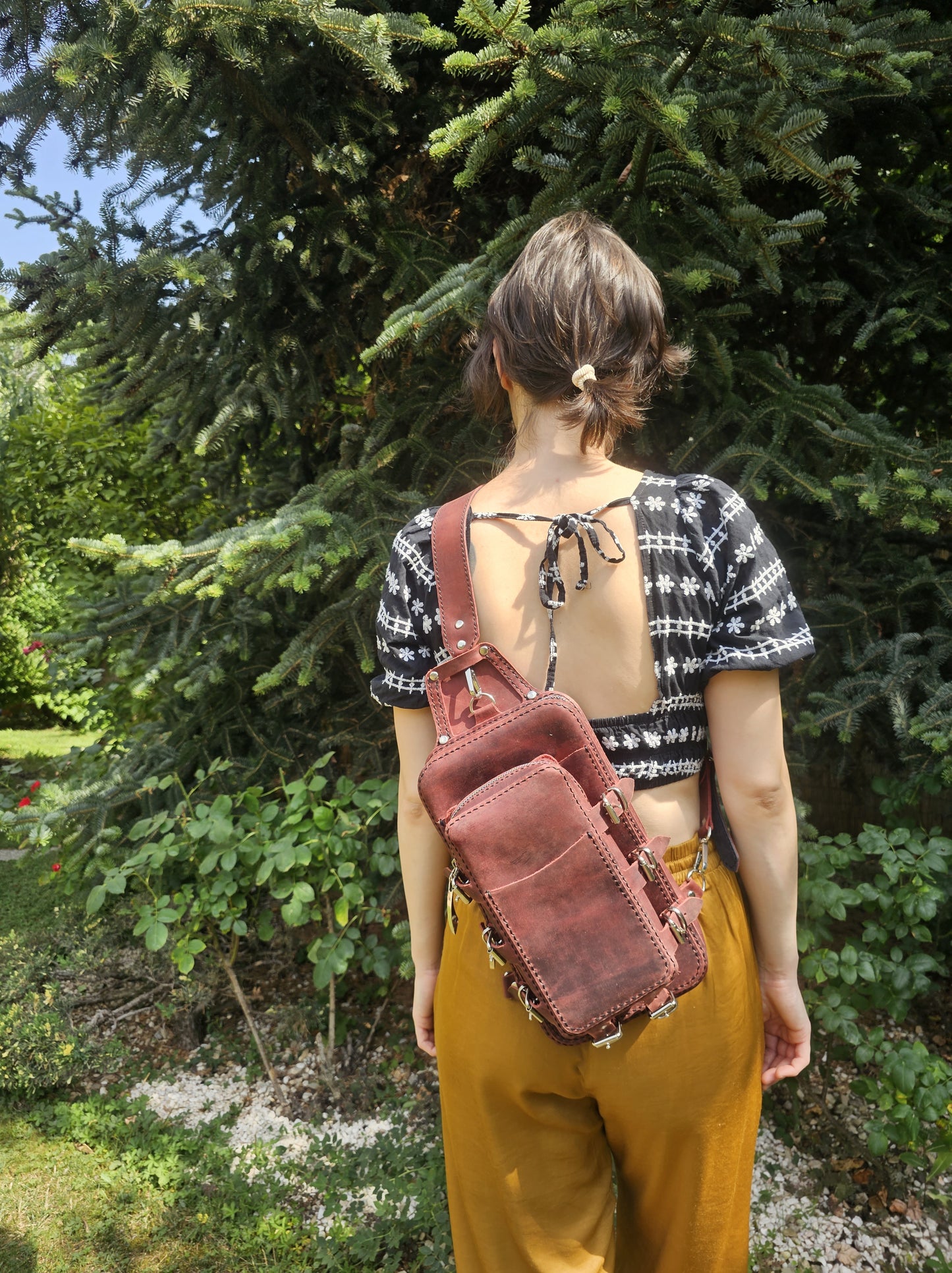 Handmade Leather Sling Backpack - Two-part