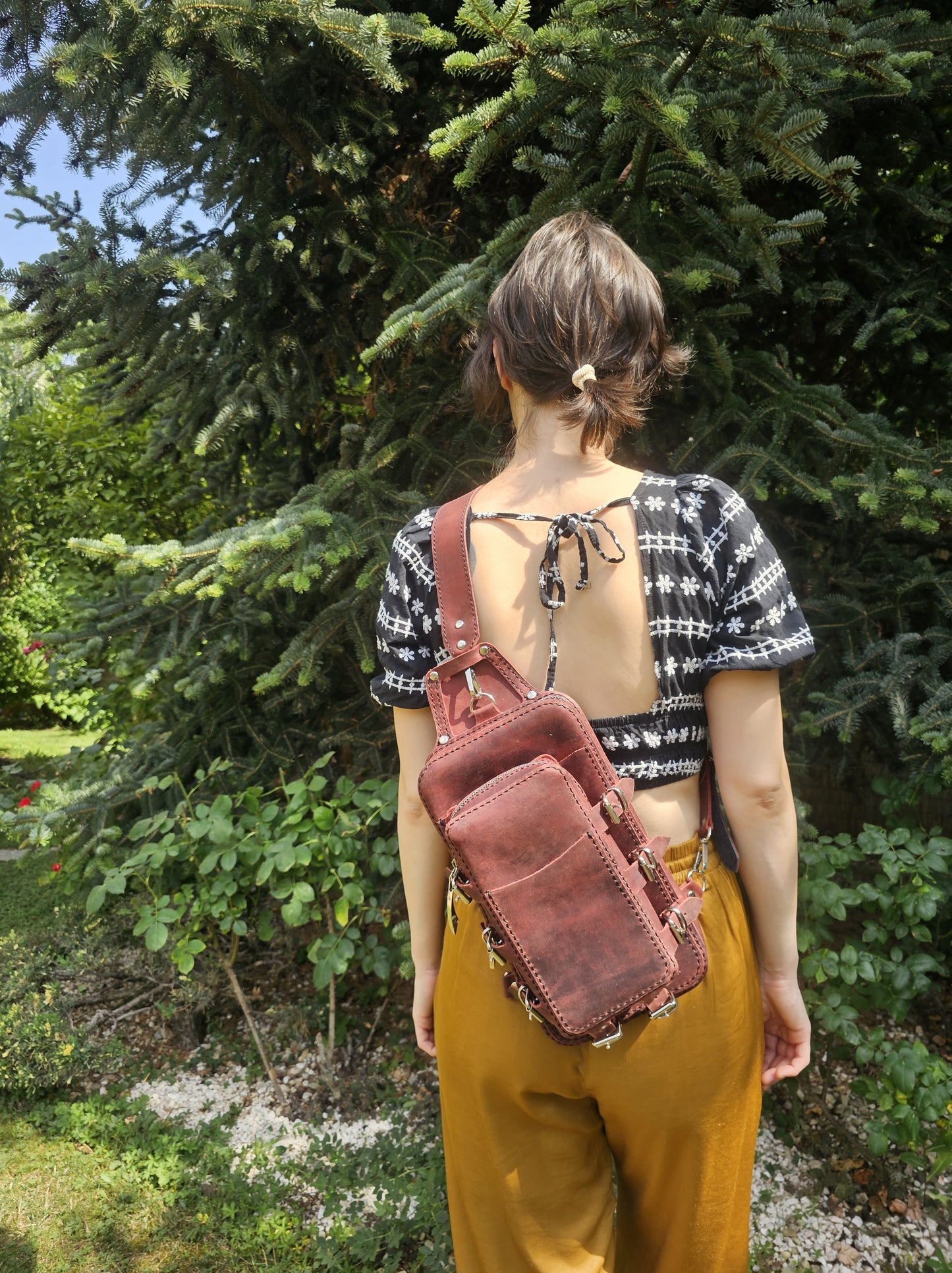 Handmade Leather Sling Backpack - Two-part - Burgundy Red