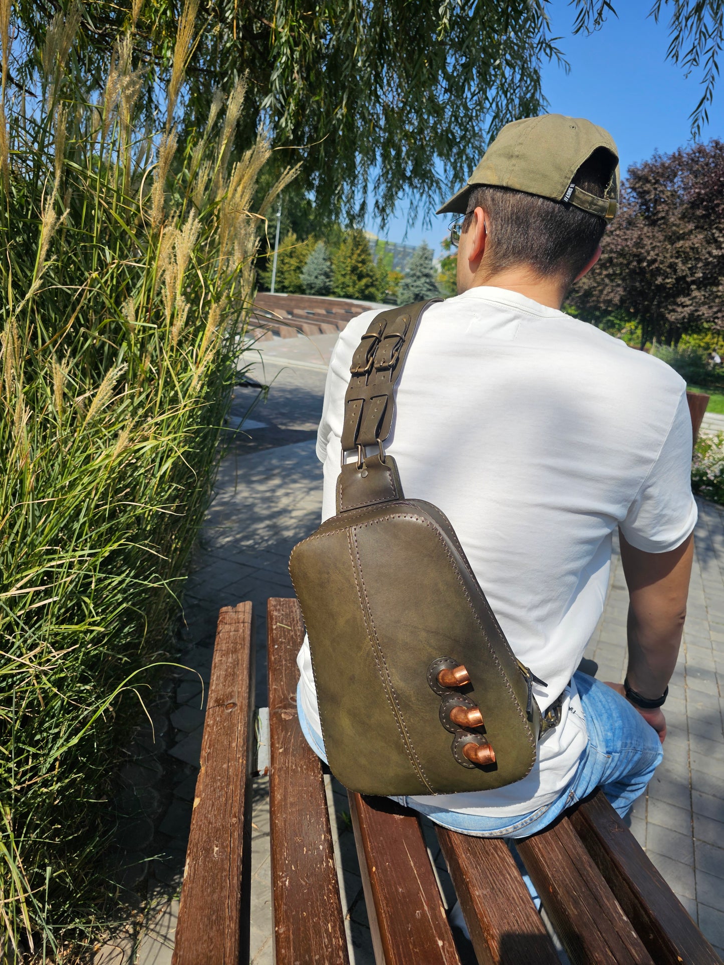 Handmade Leather Sling Backpack -  Steampunk - Dark Green