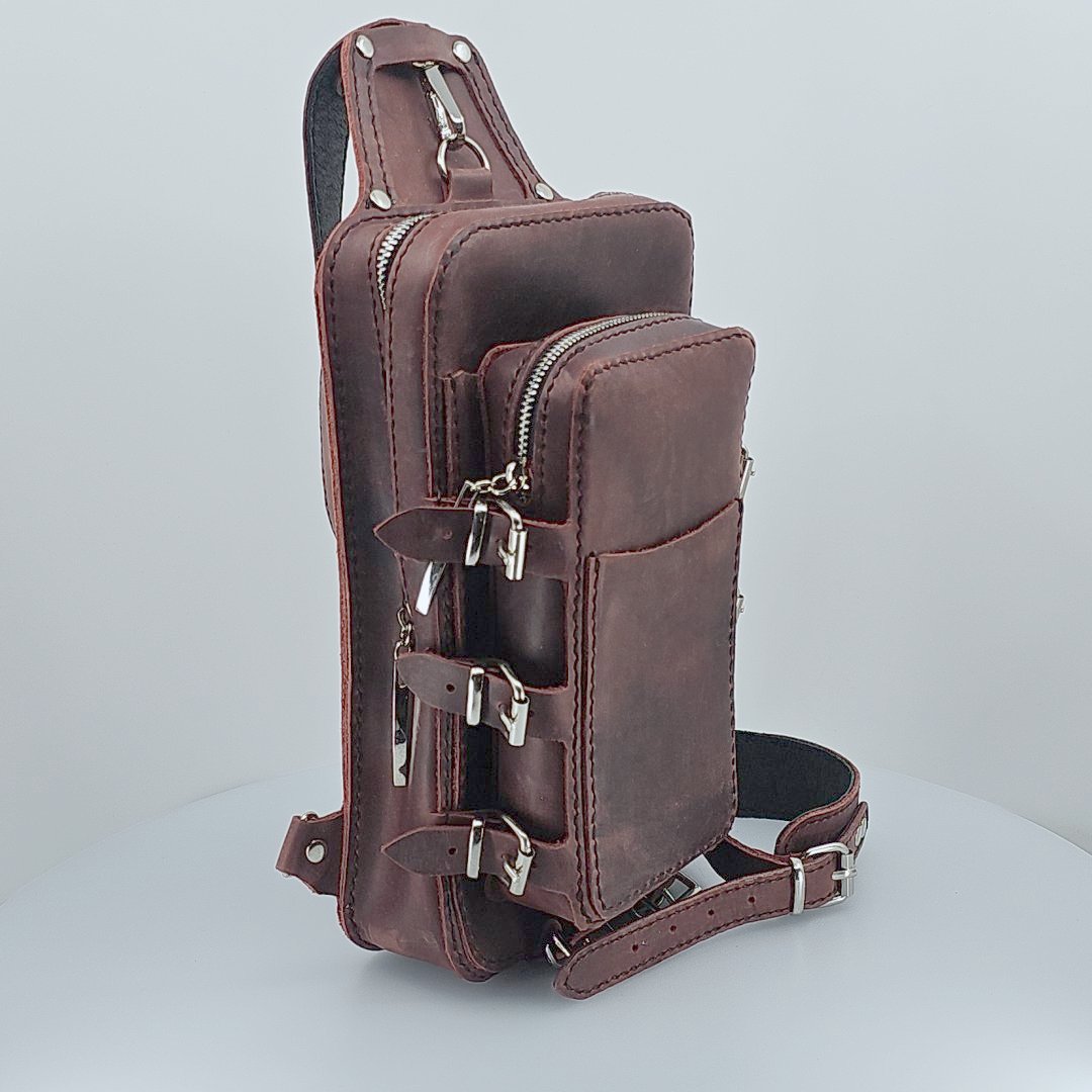 Handmade Leather Sling Backpack - Two-part - Burgundy Red